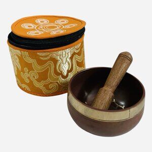 Handmade Tibetan Chakra Singing Bowl Set w/ Mallet & Brocade Silk Case VG